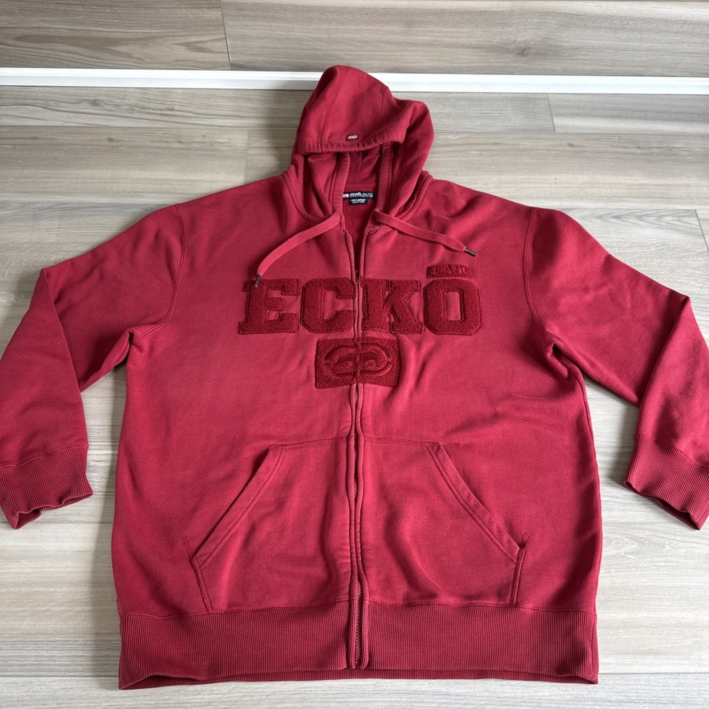 Vintage Ecko Unltd Mens Baggy‎ Hoodie XXL Red Full Zip Y2K Spellout Embroidered